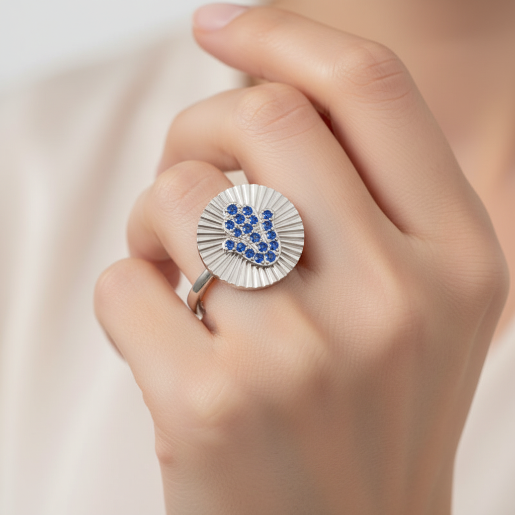 Blue Sapphire Hamsa Hand Disc Ring With Sunburst Design - Ten