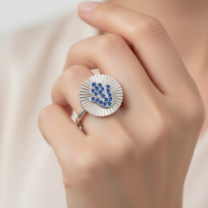 Blue Sapphire Hamsa Hand Disc Ring With Sunburst Design - Ten