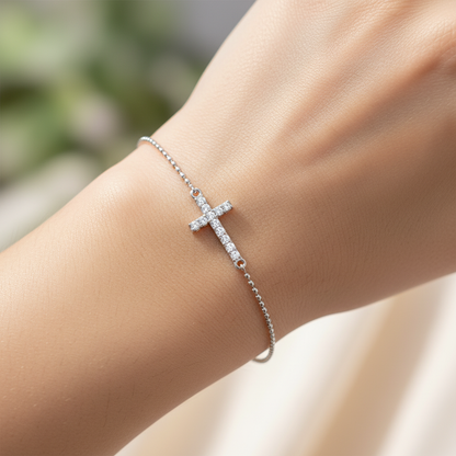 Sideways Cross Bracelet With Cubic Zirconia Stones - Eight