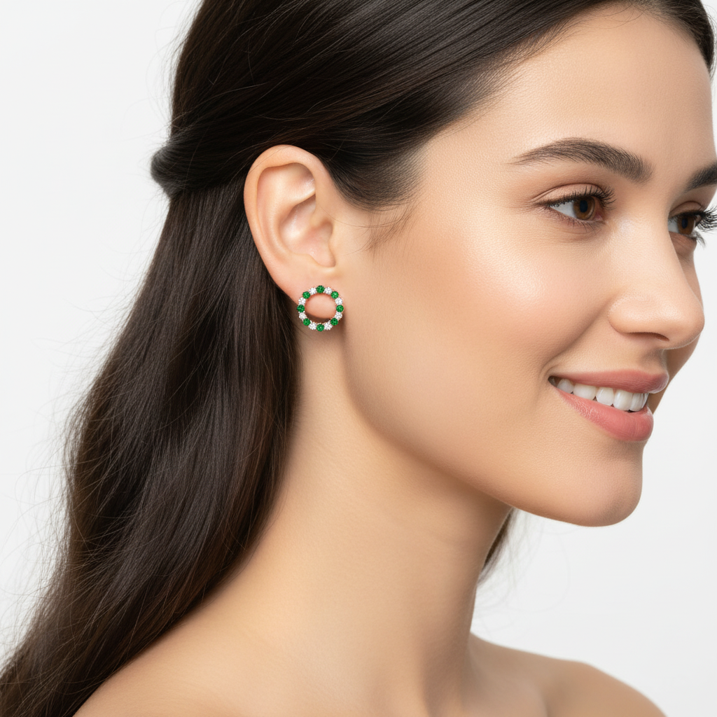 Rose Gold Emerald And Diamond Circle Stud Earrings - Eight