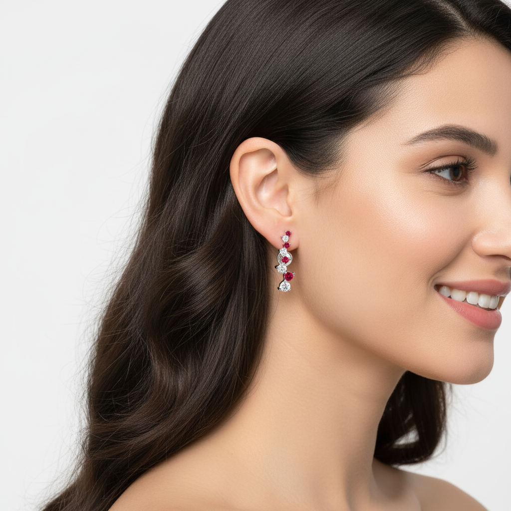 Ruby Gemstone And White Diamond Curved Climber Earrings White Gold - Eight