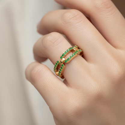 Lab-Grown Emerald Interlocking Link Ring In Yellow Gold | Double Pave Luxury Chain Design Statement Ring For Women | Jebij - Eight