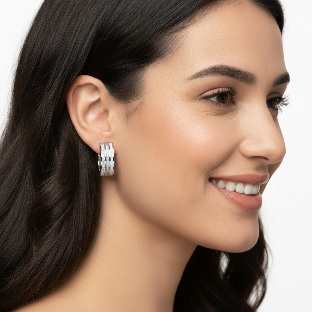 Wide Channel Set Diamond Hoop Earrings With Double Row Design - Five