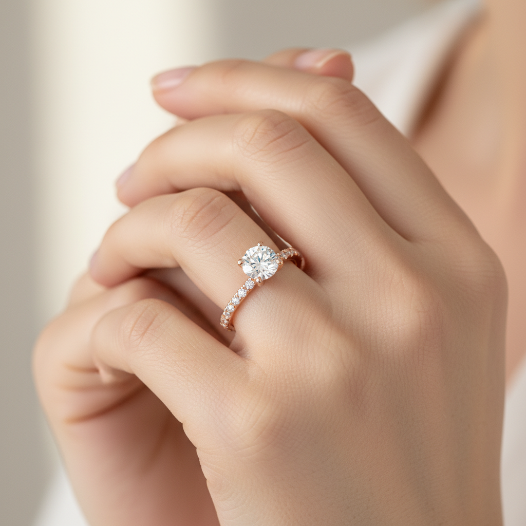 Rose Gold Diamond Solitaire Engagement Ring With Pav Band - Fourteen