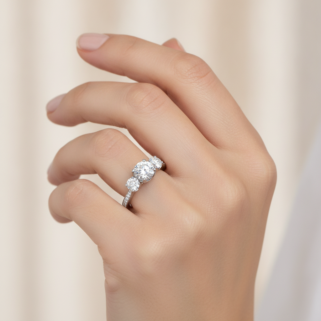 Elegance Three Round Diamond Shaped Ring In 925 Sterling Silver - Thirteen