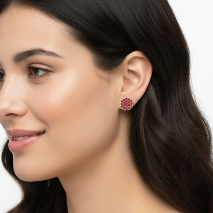 Round Pav Ruby Crystal Stud Earrings With Screw Back - Five