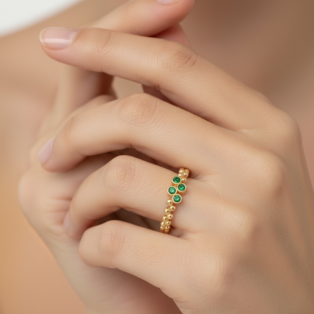 Green Stone Cluster Ring In Yellow Gold – Beaded Stackable Ring | Jebij - Eight