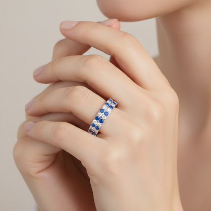 Blue Sapphire and Diamond Double Row Eternity Band Ring