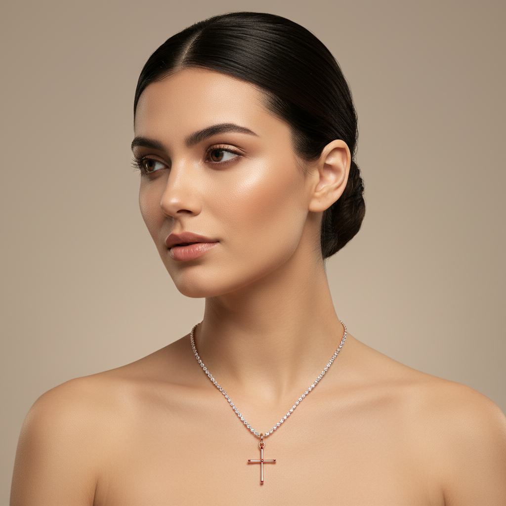 Garnet Cross Pendant Necklace With Chain - Five