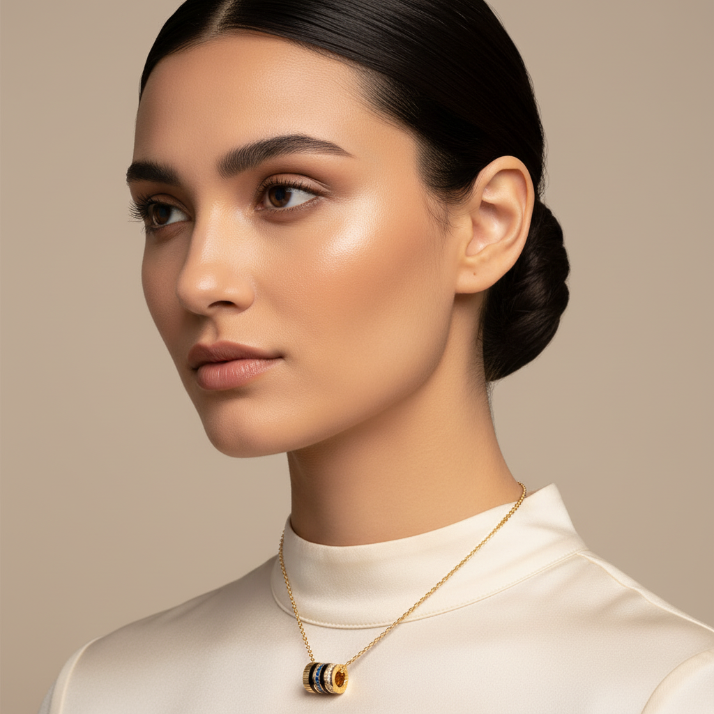 White Gold Multi-Band Barrel Pendant Necklace With Diamond, Blue Sapphire & Enamel | Jebij - Five