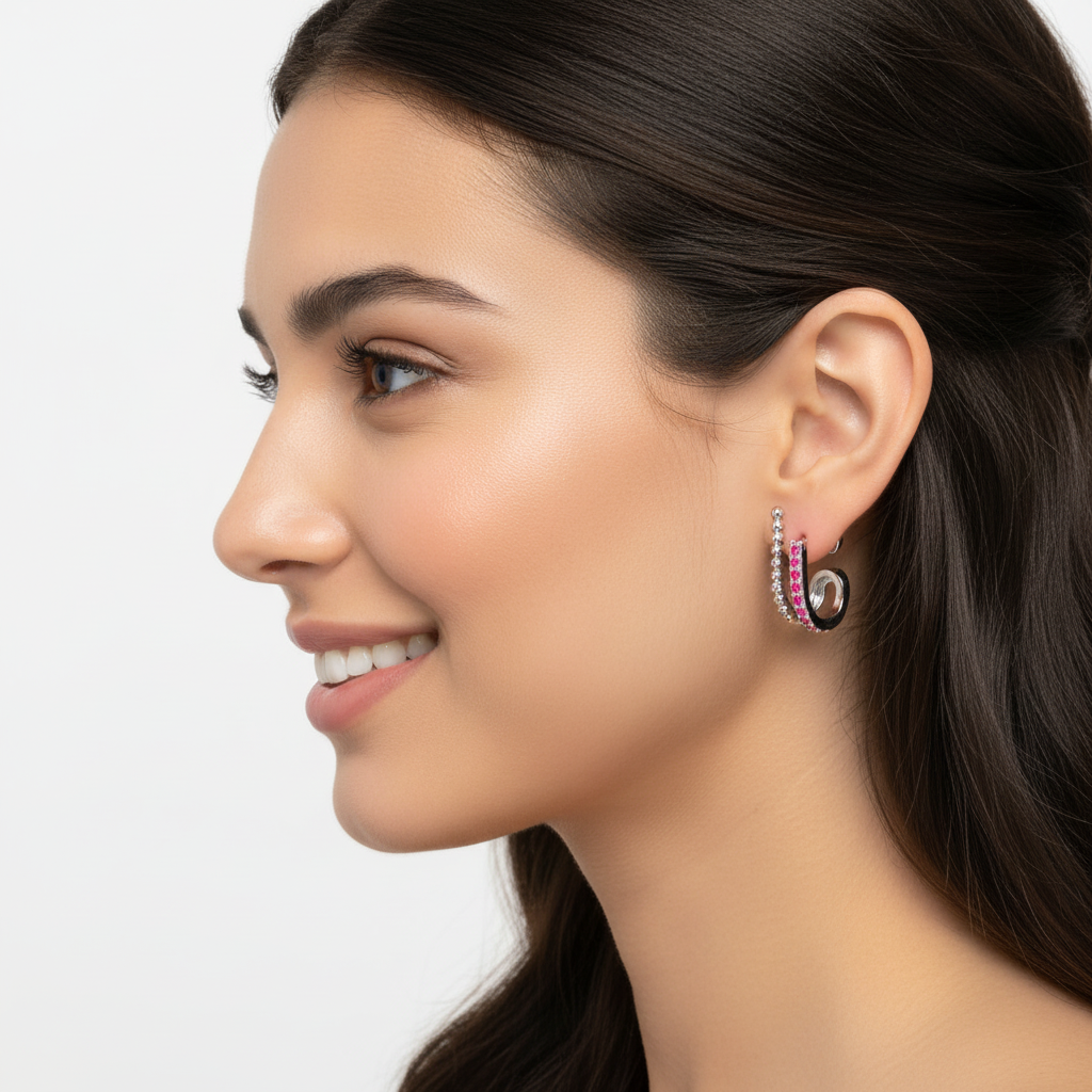 Ruby Beaded Double Hoop Stud Earrings - Five