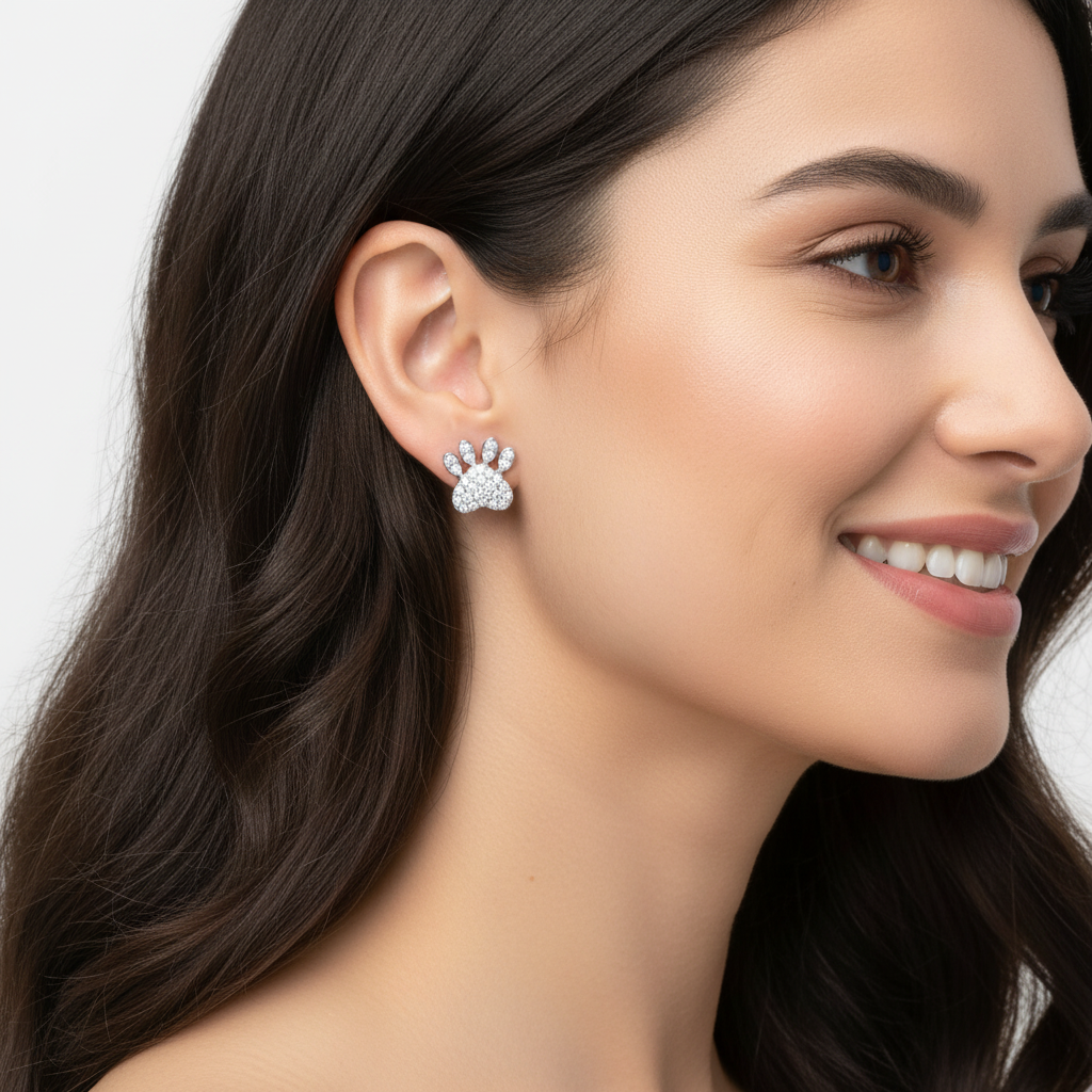Pav Diamond Paw Print Stud Earrings With Screw Backs - Five