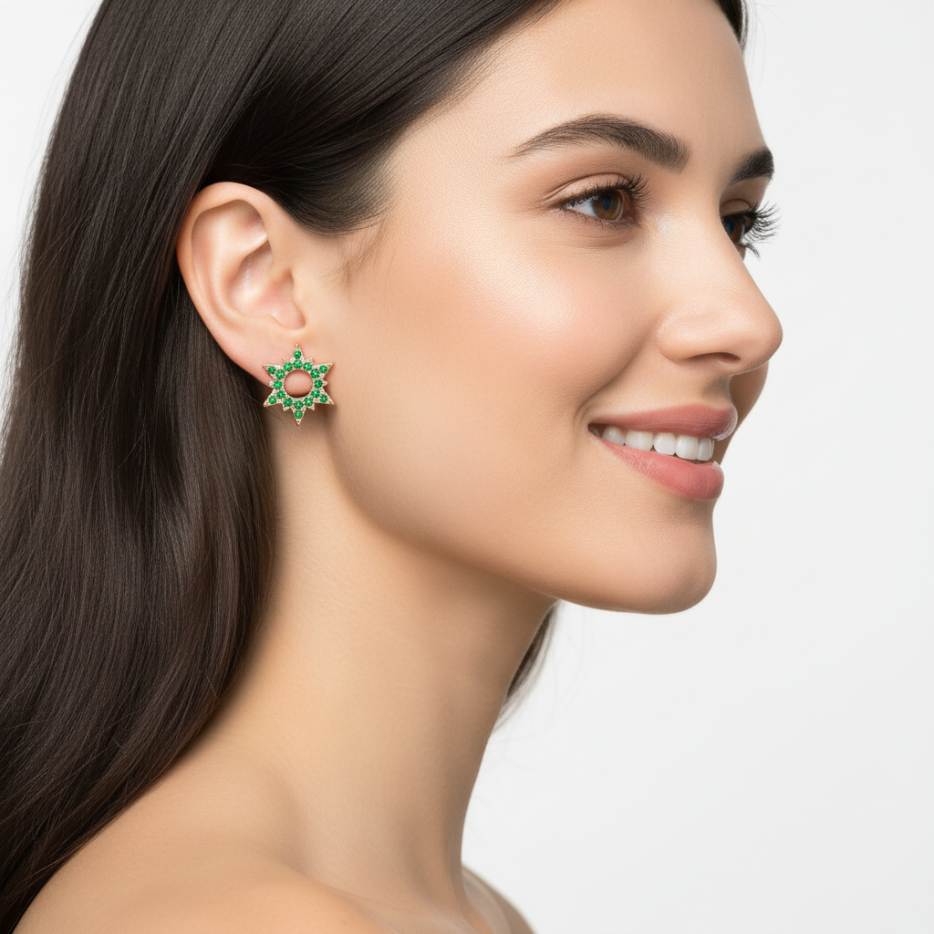 Emerald Star Burst Stud Earrings With Screw Back Closure - Five