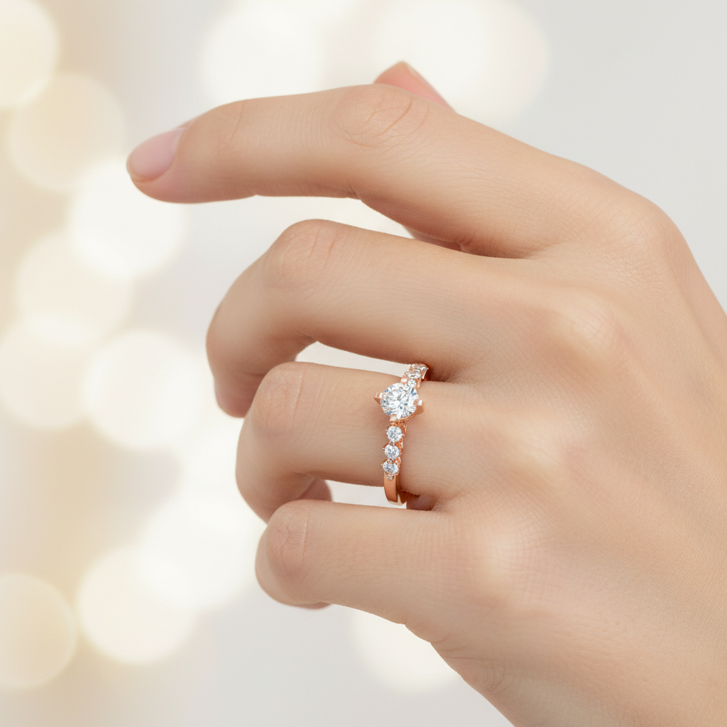 Rose Gold Diamond Solitaire Engagement Ring With Pave Band - Fourteen