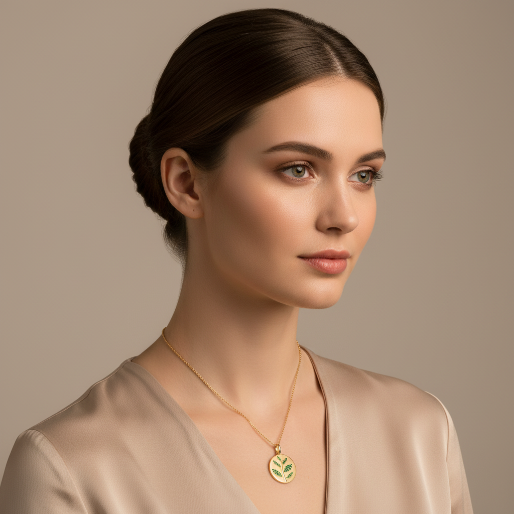Green Leaf Disc Pendant Necklace With Emerald Stones - Five