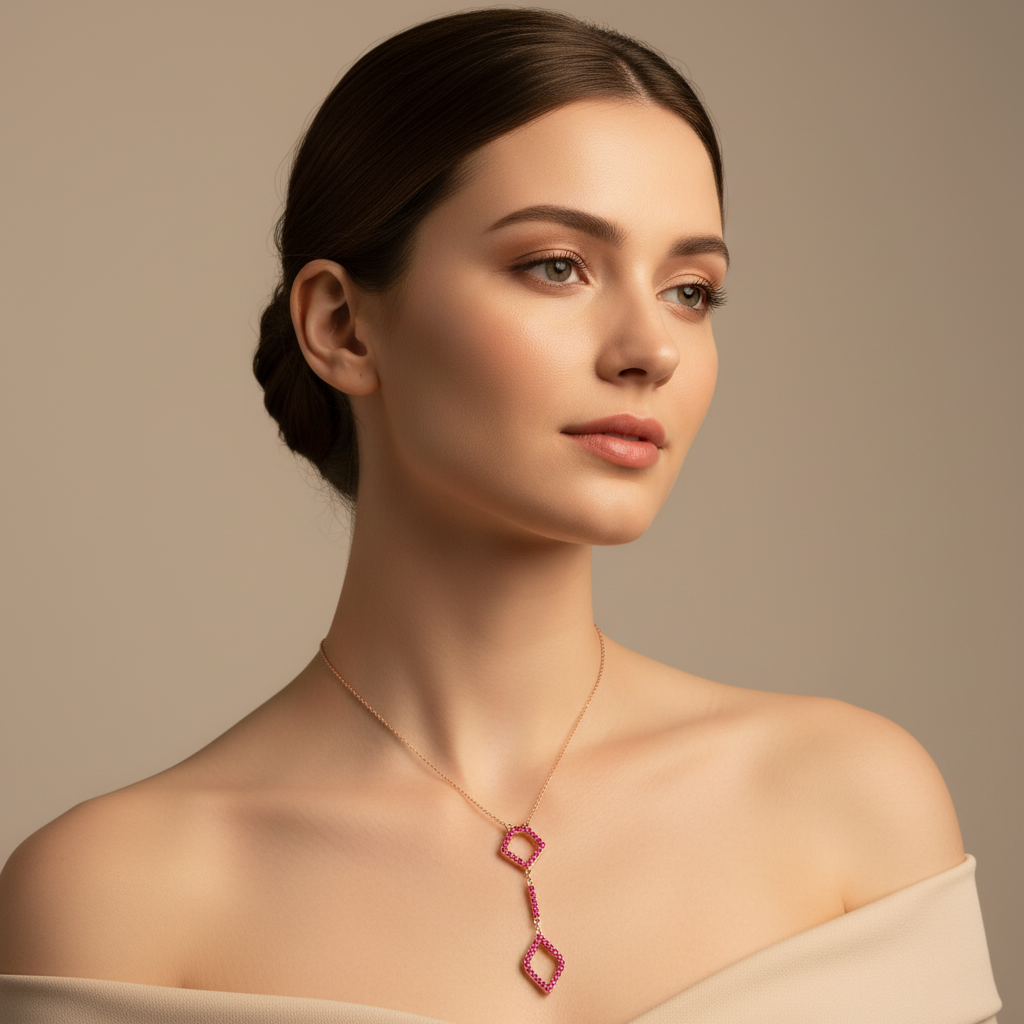 Lab-Grown Ruby Geometric Drop Pendant Necklace In Rose Gold | Adjustable 16–17 Inch Chain - Five