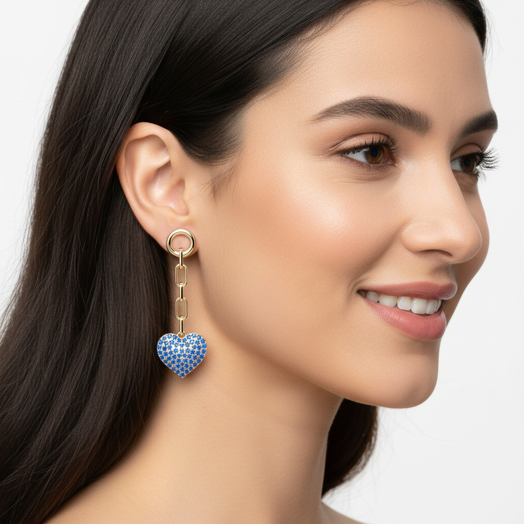 Blue Crystal Heart Chain Link Drop Earrings - Five