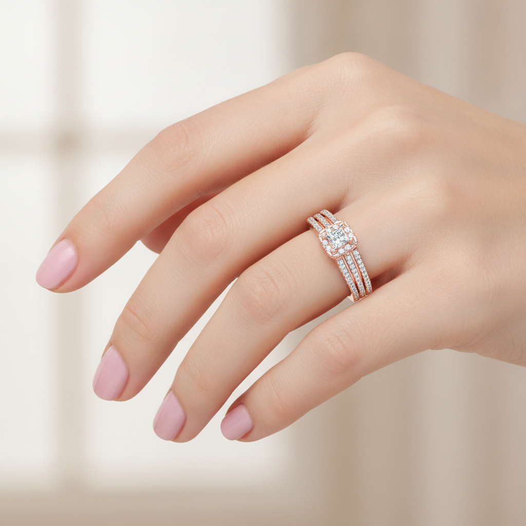 Rustic Halo Solitaire Ring In 925 Sterling Silver - Fourteen