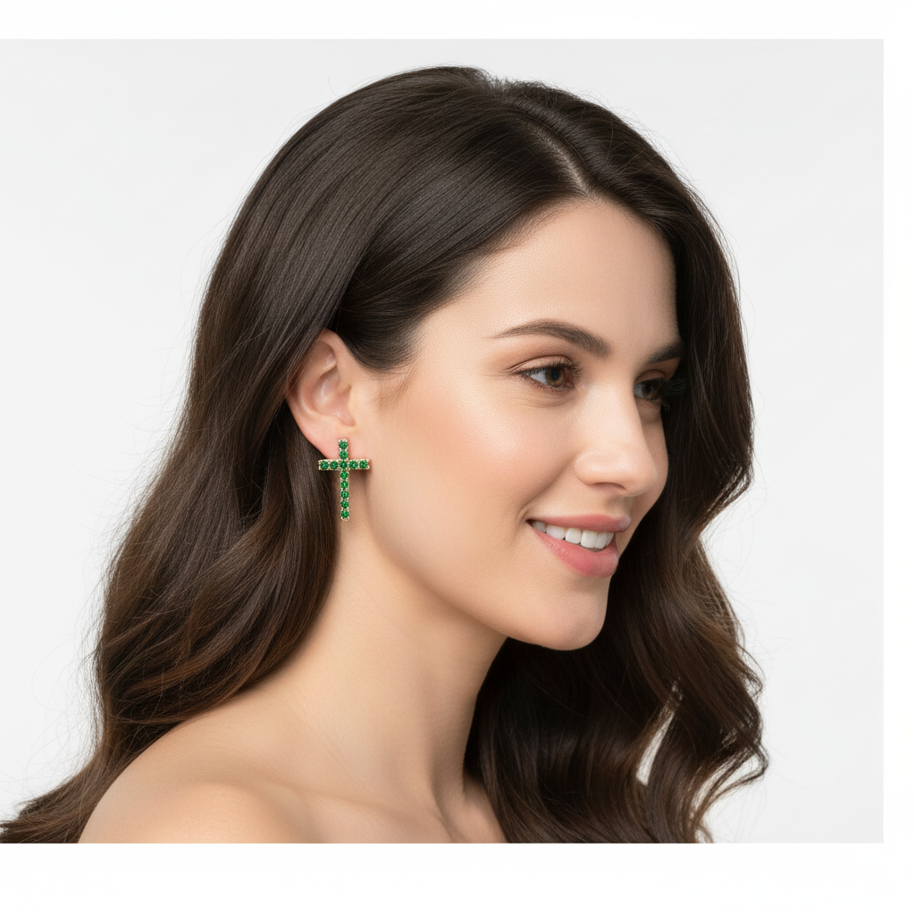 Emerald Cross Stud Earrings With Screw Back Closure - Five
