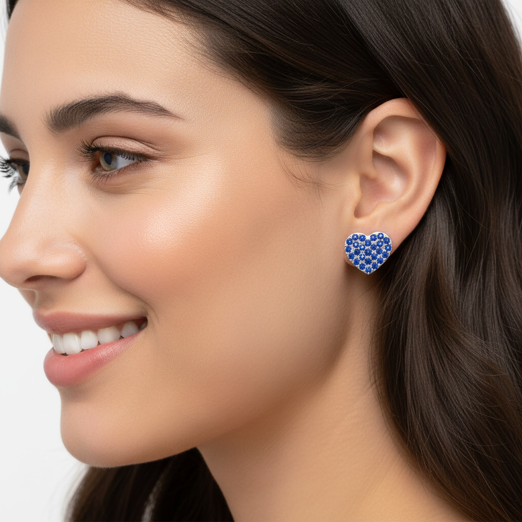 Blue Crystal Pav Heart Stud Earrings - Five