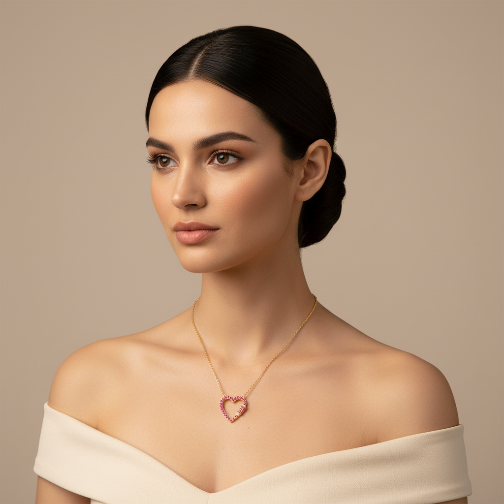 Lab-Grown Ruby Open Heart Necklace In White Gold | Romantic Pave Pendant With Adjustable 16–17 Inch Chain - Five