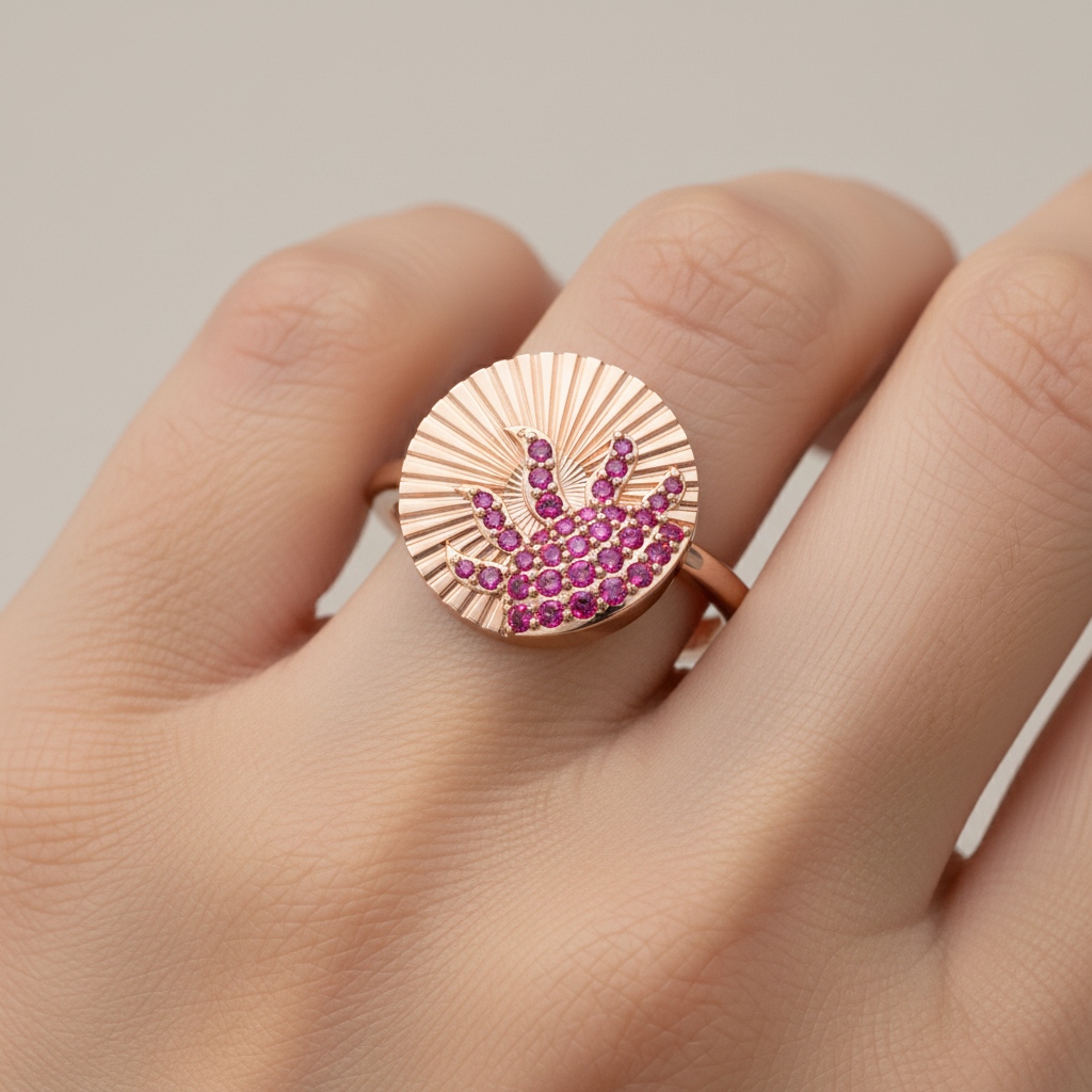 Ruby Sunburst Disc Ring With Textured Fan Design - Eight