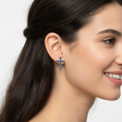 Blue Sapphire Cross Stud Earrings With Screw Back Closure - Five