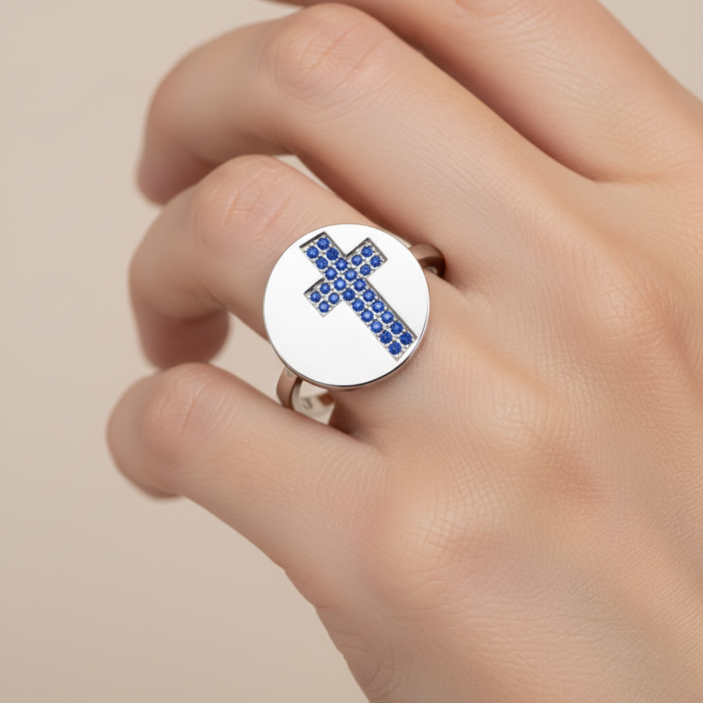 Blue Sapphire Cross Disc Signet Ring - Eight