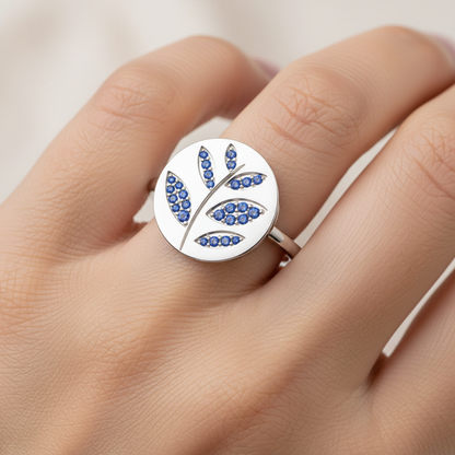 Blue Sapphire Leaf Disc Ring - Eight