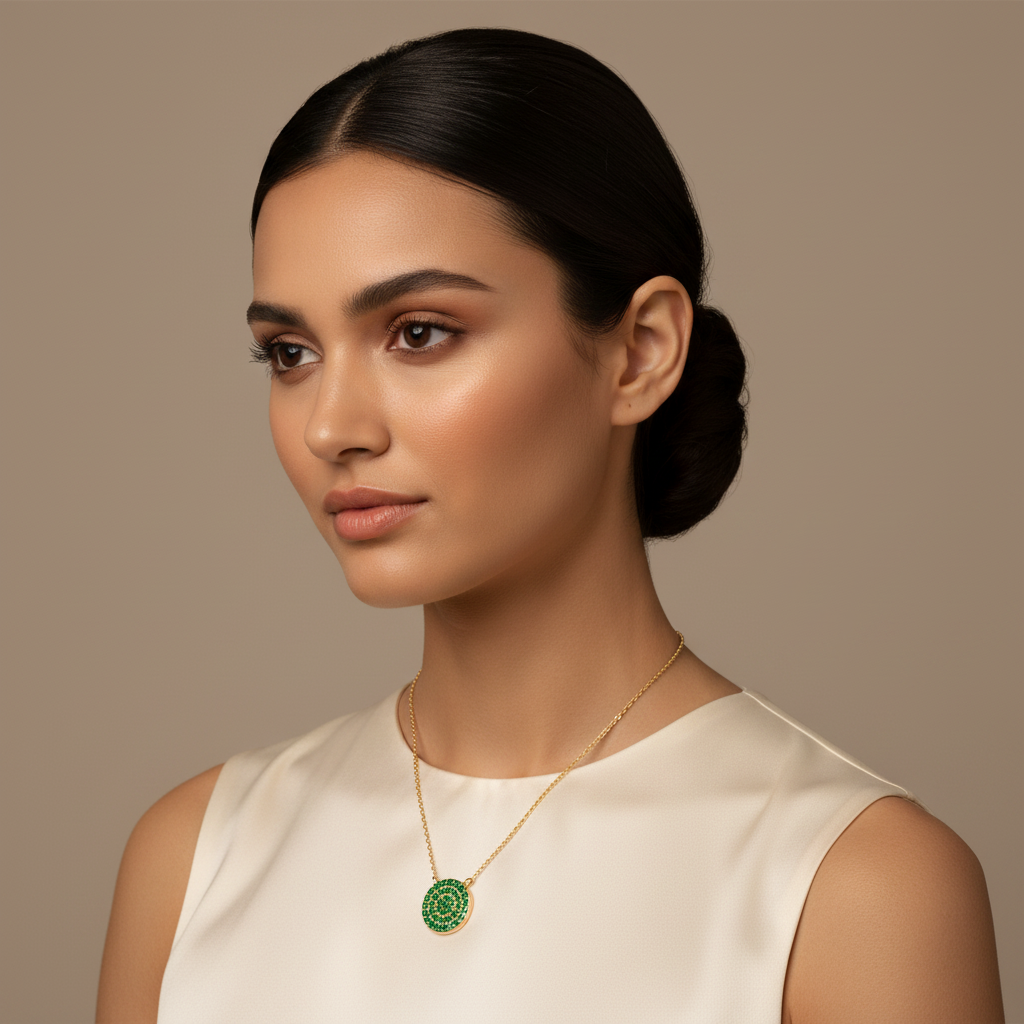 Pav Emerald Disc Pendant Necklace With Ball Chain - Five