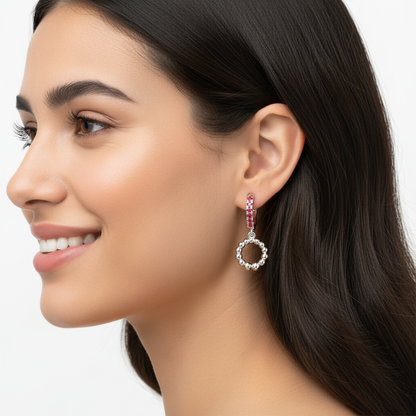 Pink Gemstone Huggie Hoop Earrings With Beaded Circle Drop Charms - Five