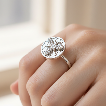 Honeycomb Bee Ring With Pav Diamond Accents - Eight