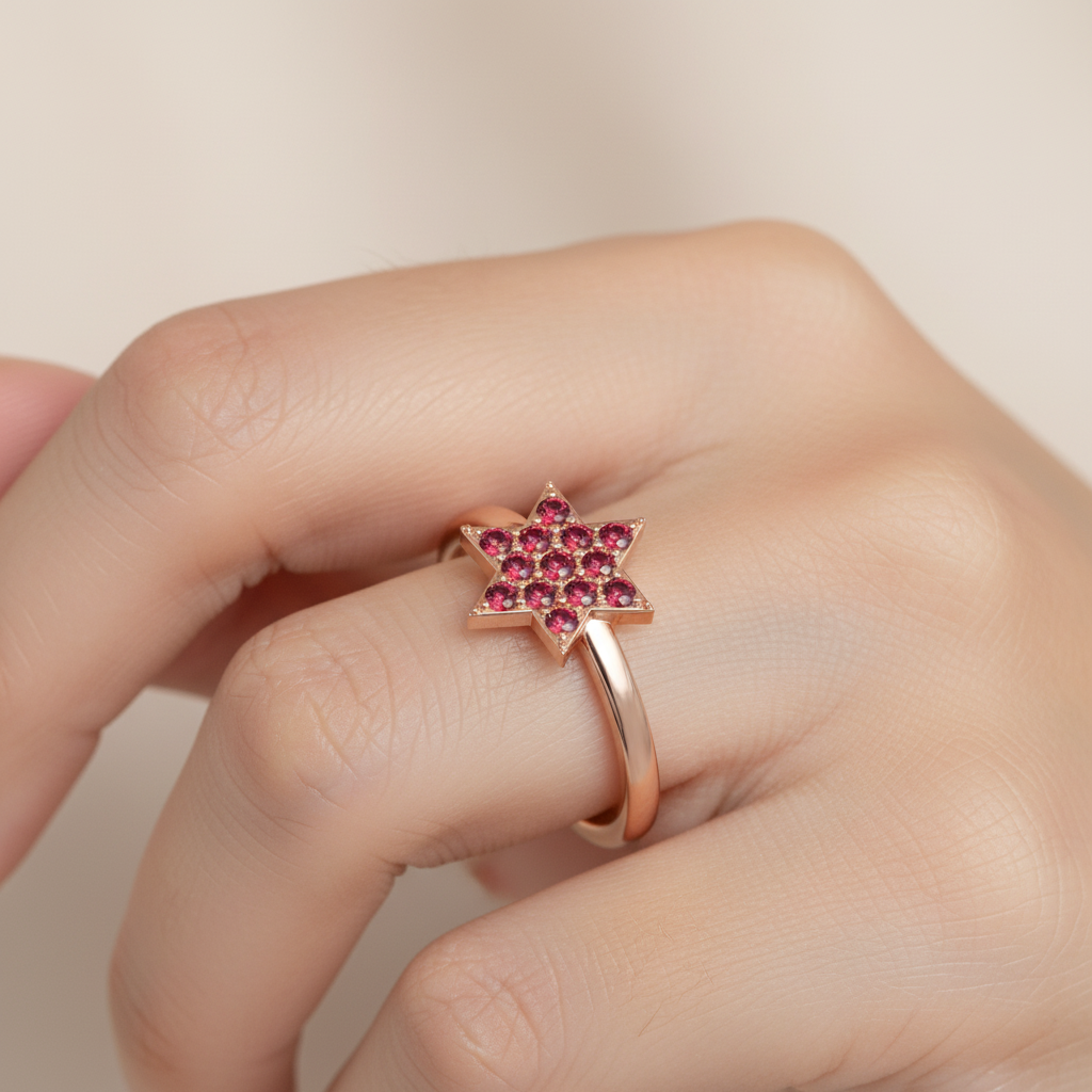 Red Garnet Star Cluster Ring In Rose Tone Setting - Eight