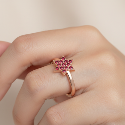 Red Garnet Star Cluster Ring In Rose Tone Setting - Eight