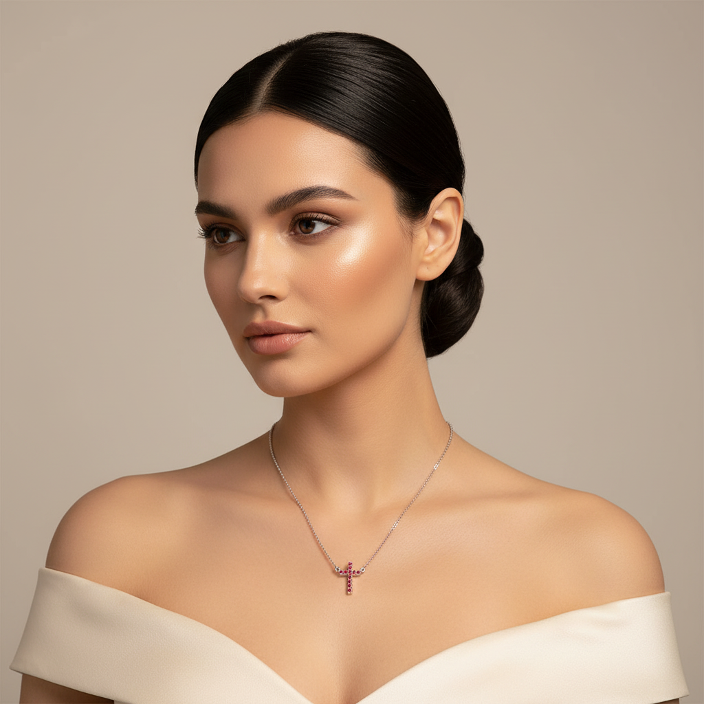 Red Crystal Cross Pendant Necklace With Rose Tone Chain - Five