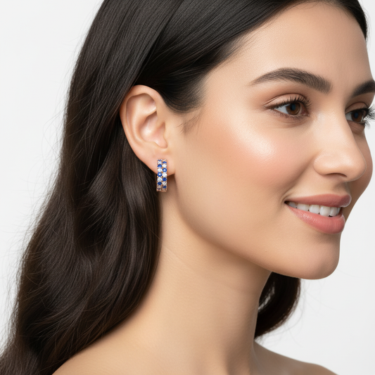 Rose Gold Blue Sapphire & Diamond Hoop Earrings – Double Row Huggie Earrings - Two