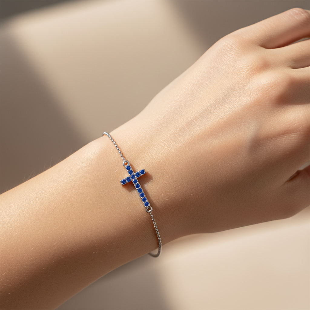 Blue Sapphire Cross Pendant Bracelet With Chain - Eight