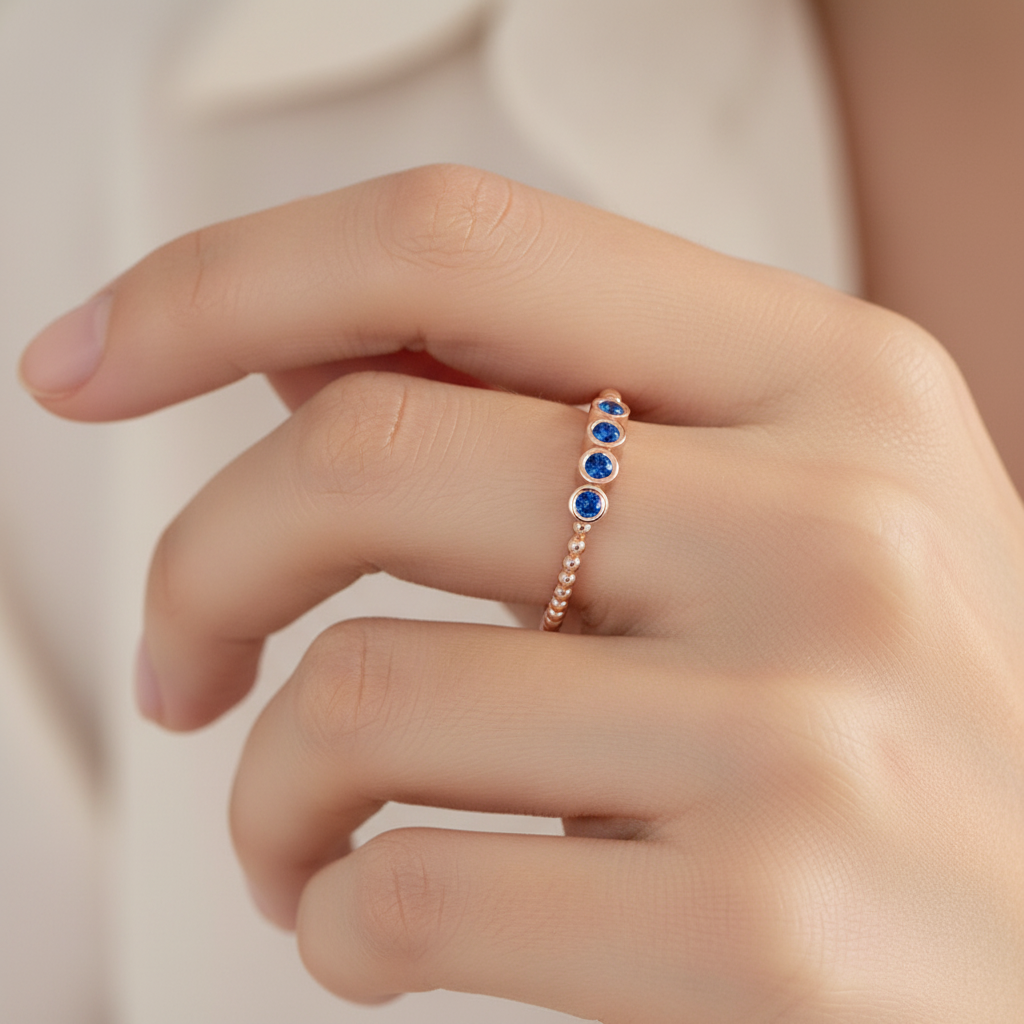 Blue Sapphire Bezel Half Band Ring in Rose Gold – Minimal 5 Stone Stackable Ring | Jebij