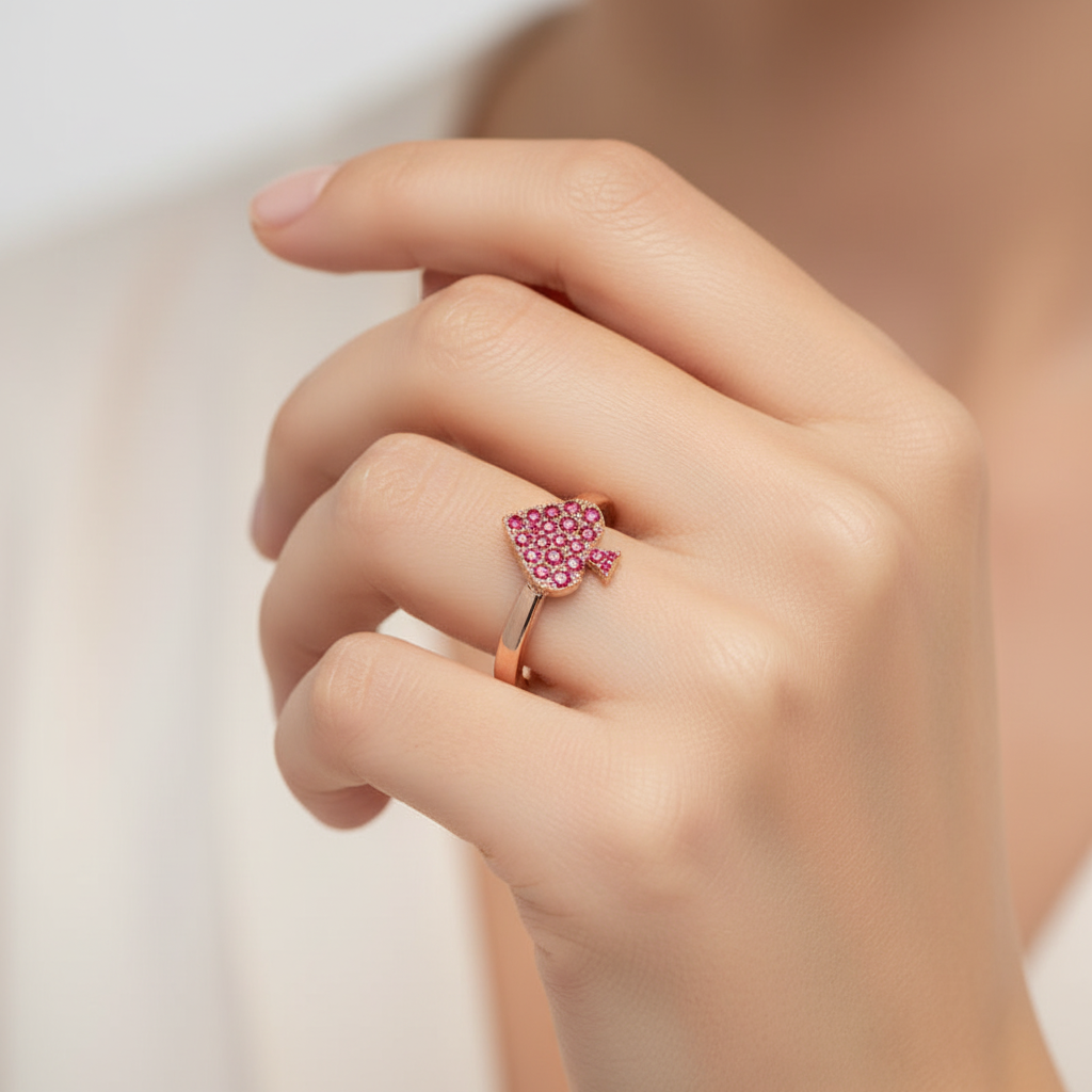 Ruby Spade Stackable Ring Rose Tone Pav Design - Eight