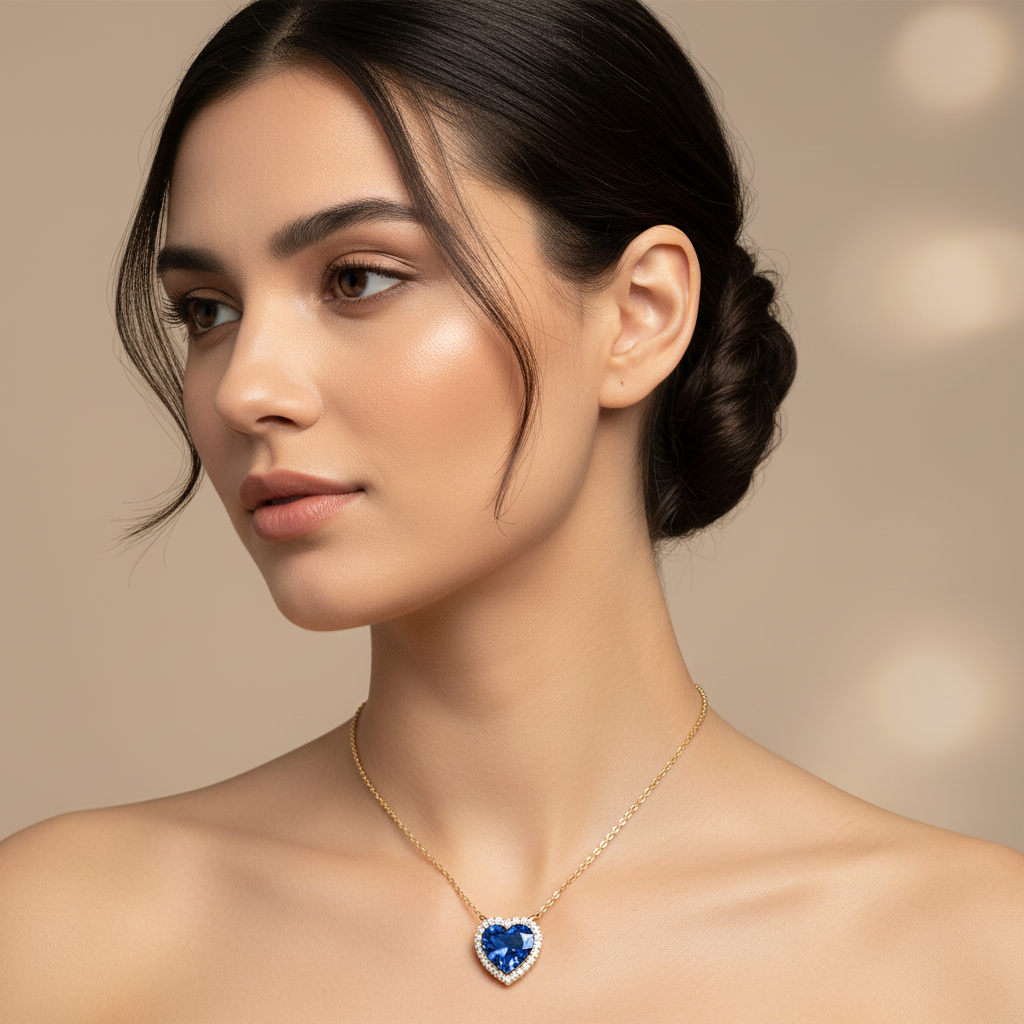 Blue Sapphire Heart Bezel Set Pendant Necklace - Five