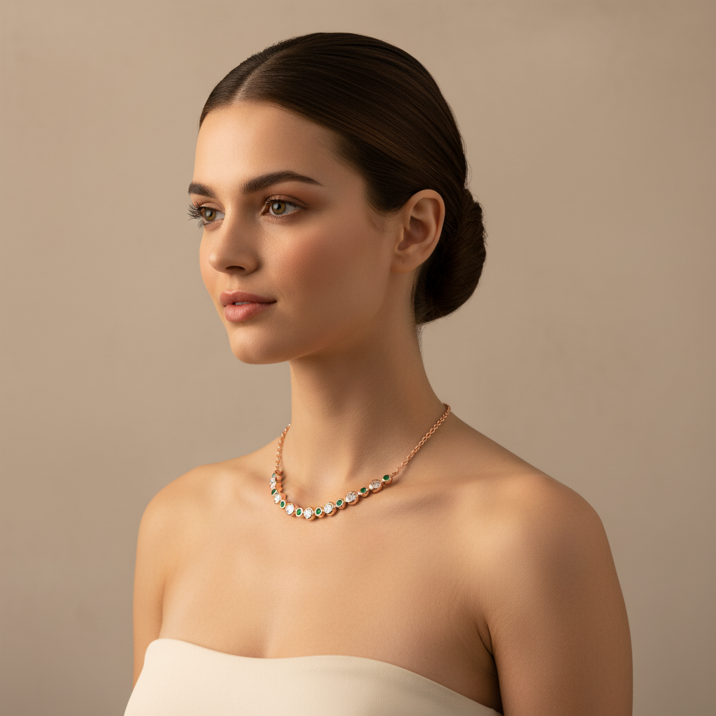 Curved Bar Necklace With Emerald And Diamond Accents - Five