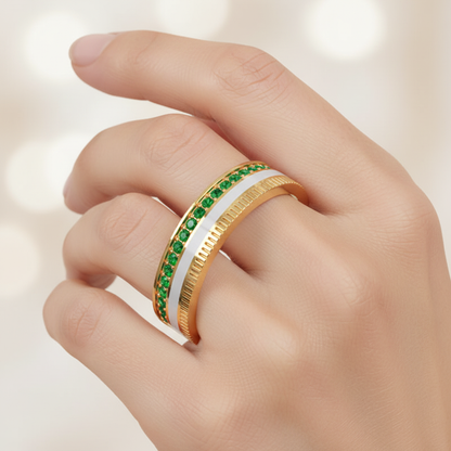 Yellow Gold Emerald Band Ring with White Enamel Center – Customizable Luxury Statement Ring | Jebij