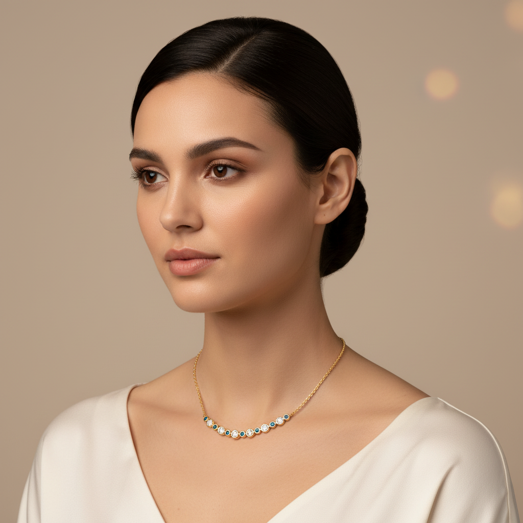 Blue And White Diamond Curved Bar Necklace - Eight