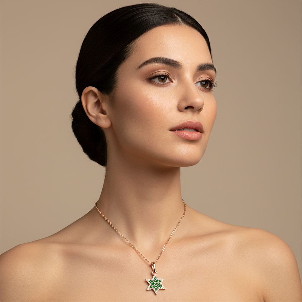 Emerald Star Of David Pendant Necklace With Cable Chain - Five