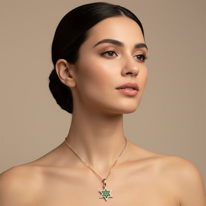 Emerald Star Of David Pendant Necklace With Cable Chain - Five