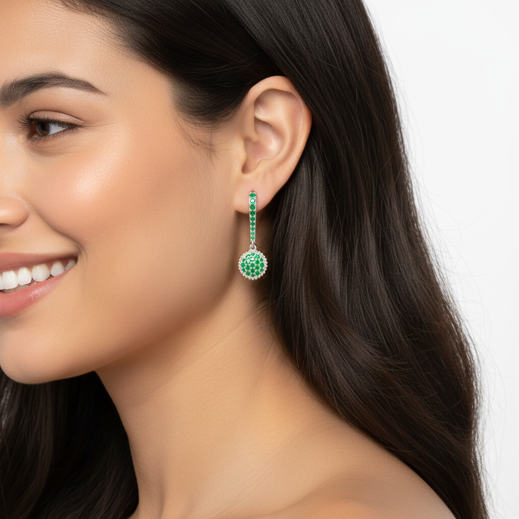Emerald Pav Drop Earrings with Beaded Frame