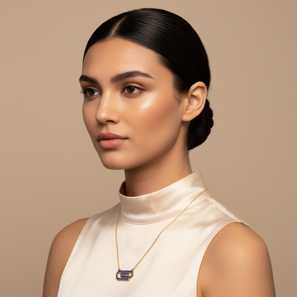 Lab-Grown Blue Sapphire Interlocking Link Pendant Necklace In Rose Gold | Modern Geometric Pave Design (16–17 Inch Adjustable) | Jebij - Five