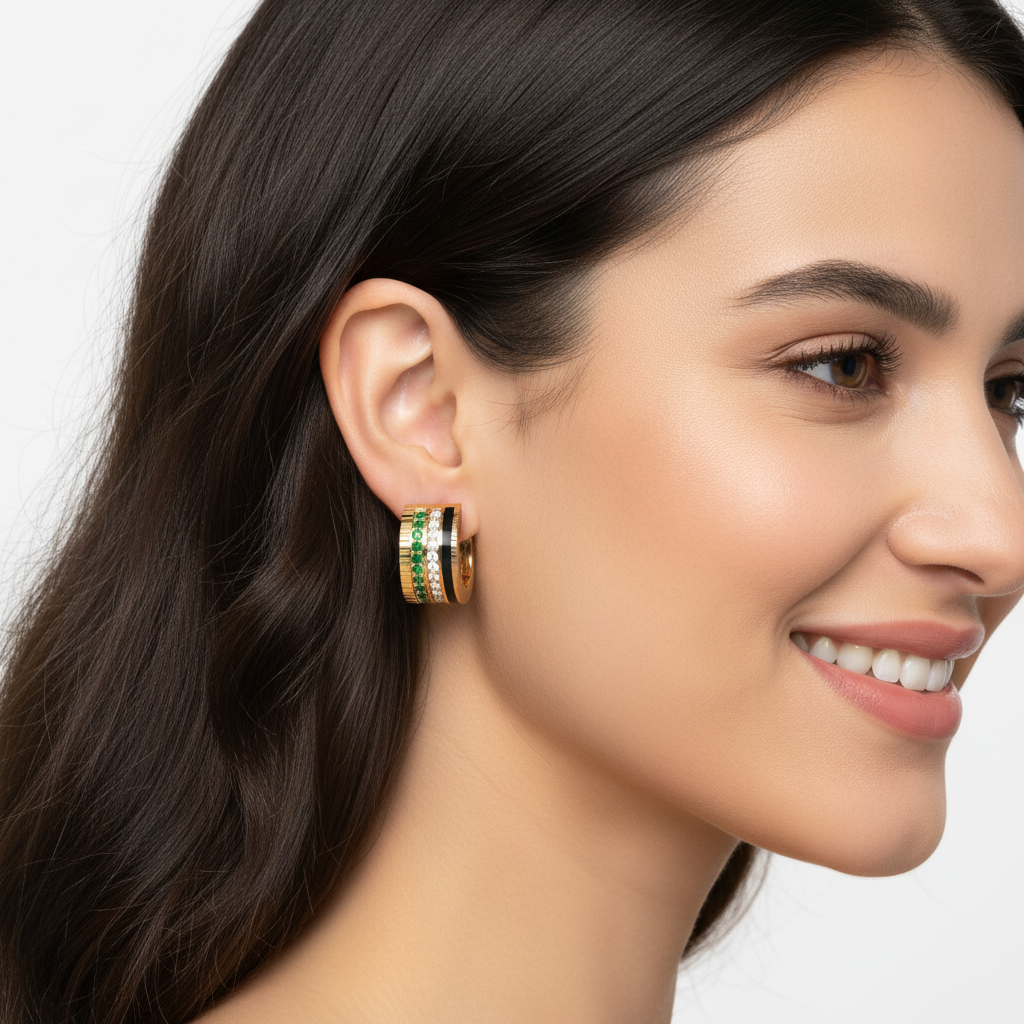 Emerald & Diamond Triple Row Hoop Earrings In White Gold With Black Enamel – Premium Statement Hoops | Jebij - Five