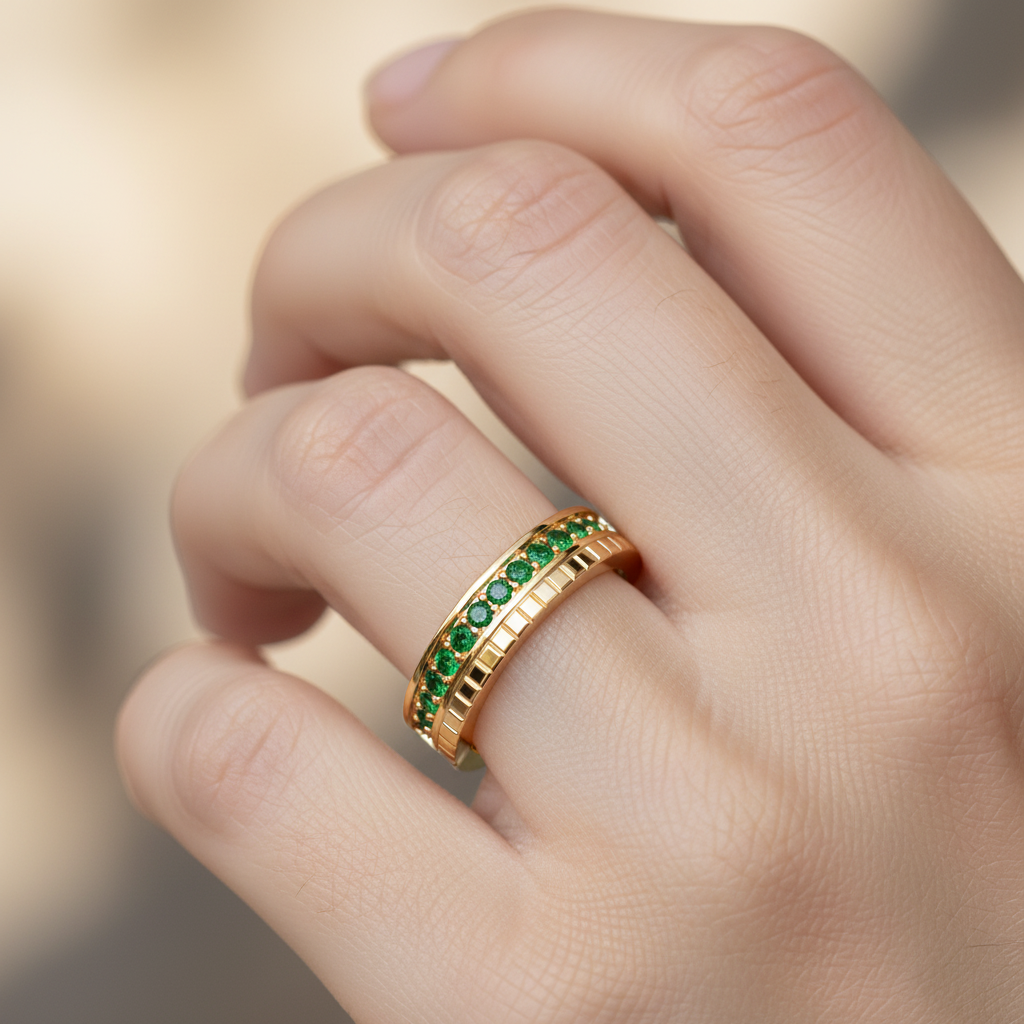 Emerald Pav Eternity Band Ring With Textured Detail - Two