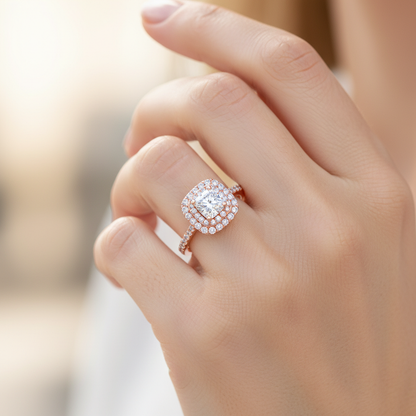Rose Gold Emerald Cut Diamond Halo Engagement Ring With Pav Band - Fourteen